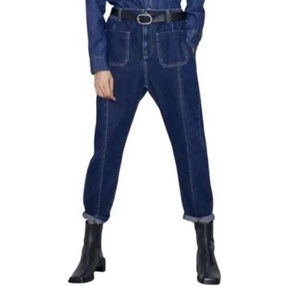 Zara Womens Baggy Jeans Seamed Dark Wash Denim Front Patch Pockets